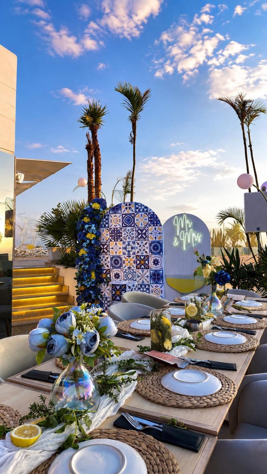 Rooftop wedding table setting by Rithea Events